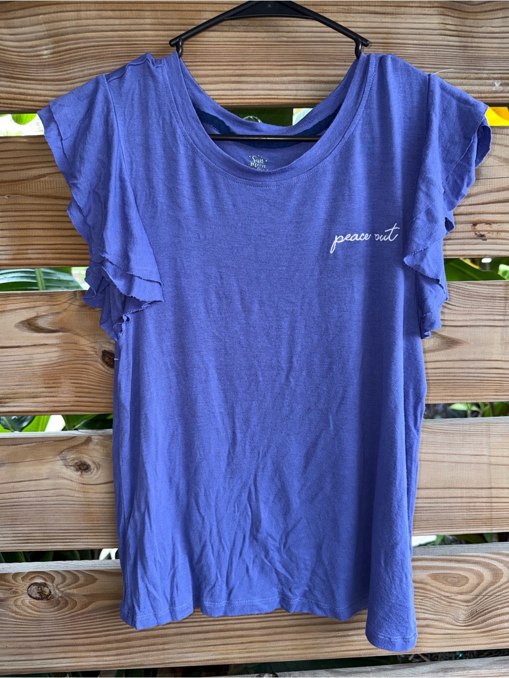 Macy's Purple Ruffle Sleeve 'peace out' Tee